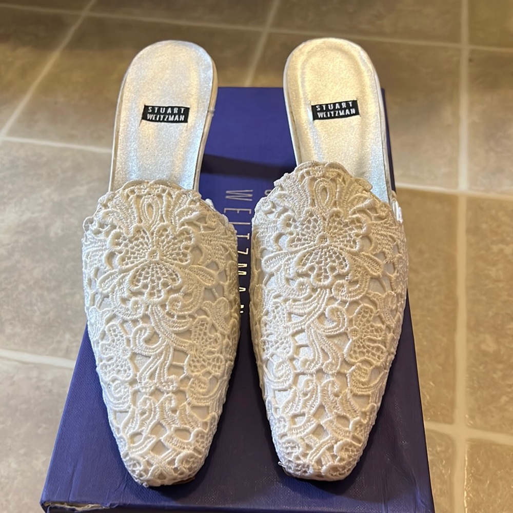 Stuart Weitzman embroidered wedding mules size 6 (runs narrow, smaller side)